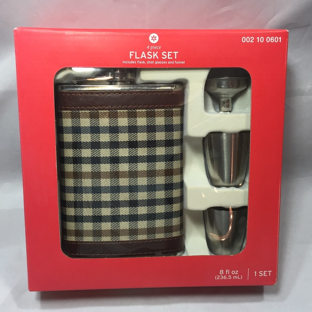 4 Piece Plaid Hip Flask Set 8oz Stainless Steel with Shot Glasses and Funnel
